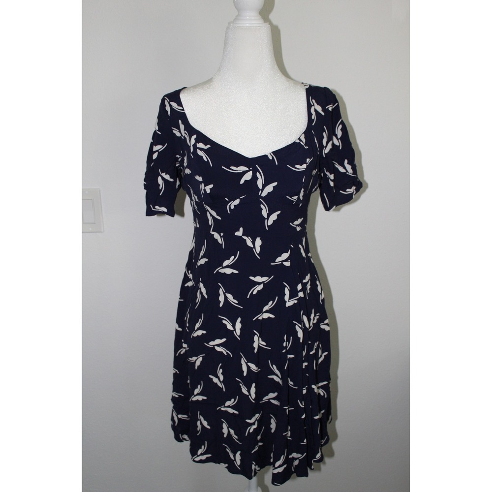 Maeve Anthropologie Navy Blue White Leaf Print Sweetheart Mini Dress 0P Petite